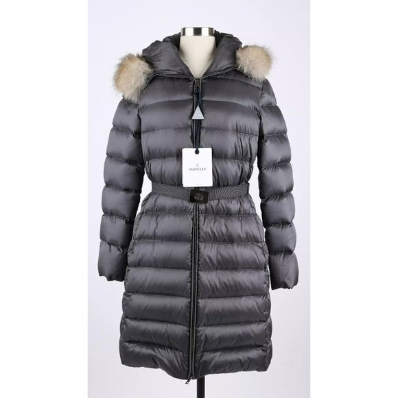 $2895 Moncler Tinuv Glossy Down Coat w/ Fur Trim Hood SZ 3-Large /Grey LNWOT